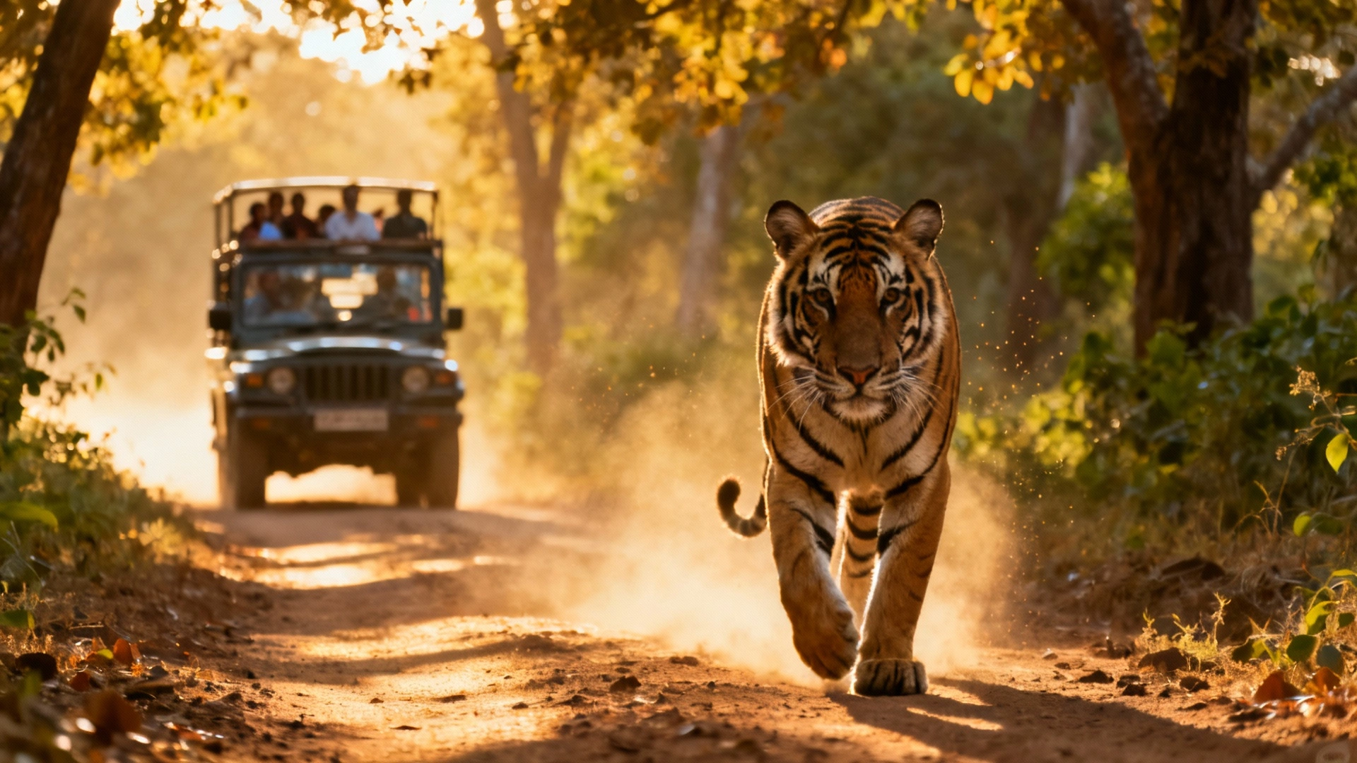 Royal Bengal Tiger on jungle safari in Tipeshwar Wildlife Sanctuary, Nagpur, with tourists in safari jeep observing from a safe distance