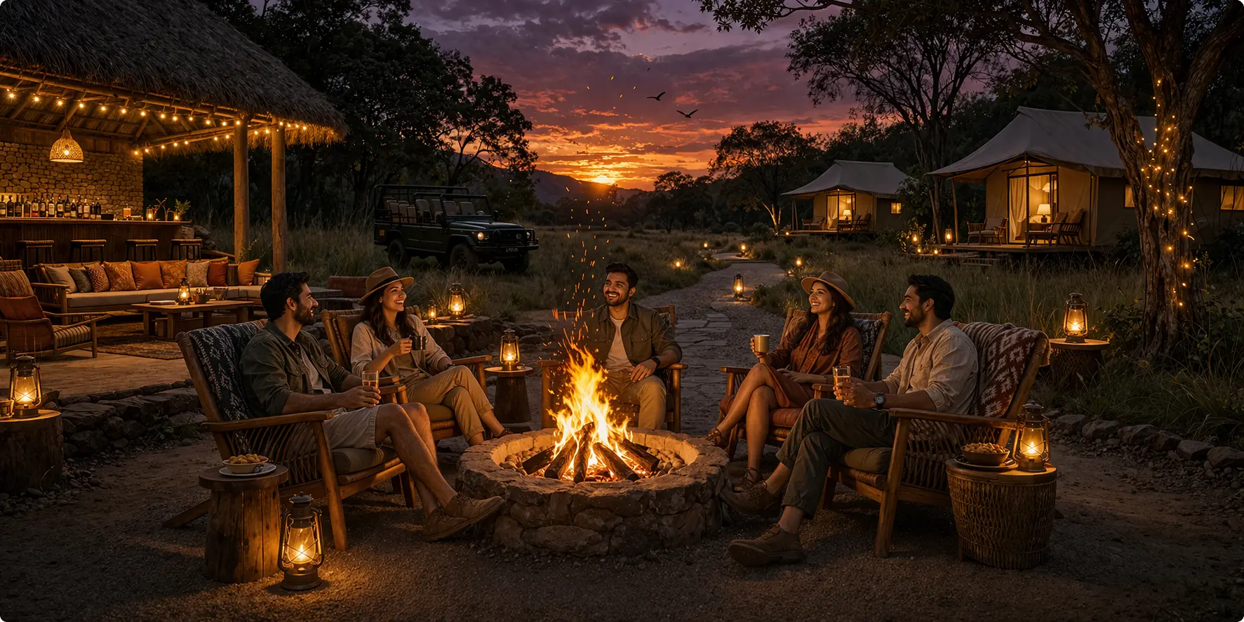 Guests enjoying bonfire evening at Tipeshwar Wildlife Sanctuary resort with cozy ambiance