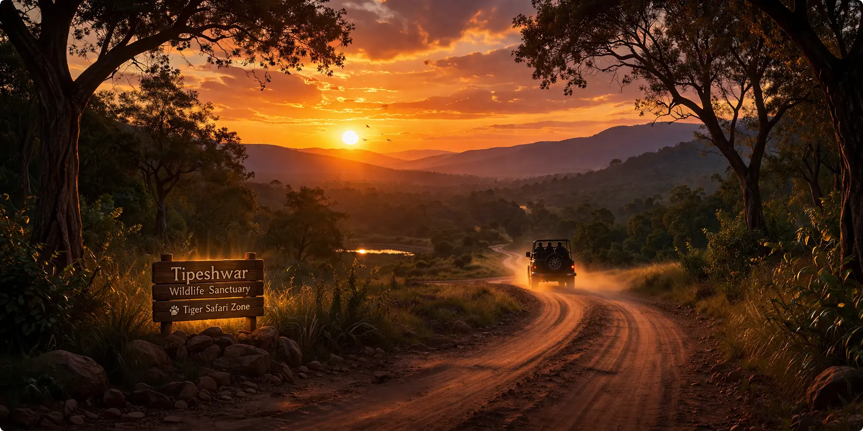 Golden sunset safari road view at Tipeshwar Wildlife Sanctuary with jungle landscape