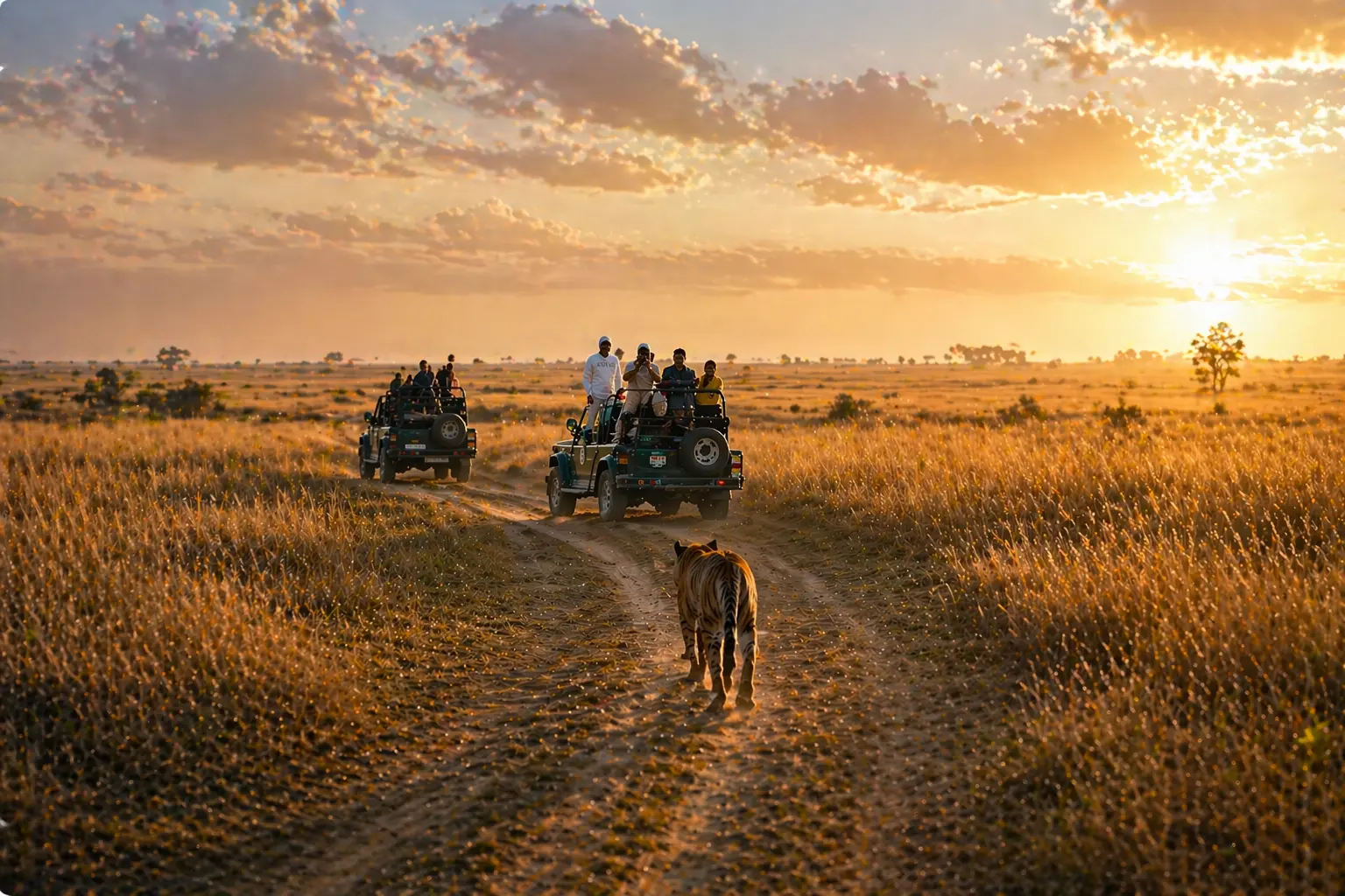 Jungle safari booking scene with tiger on forest trail and tourists in safari vehicles watching wildlife