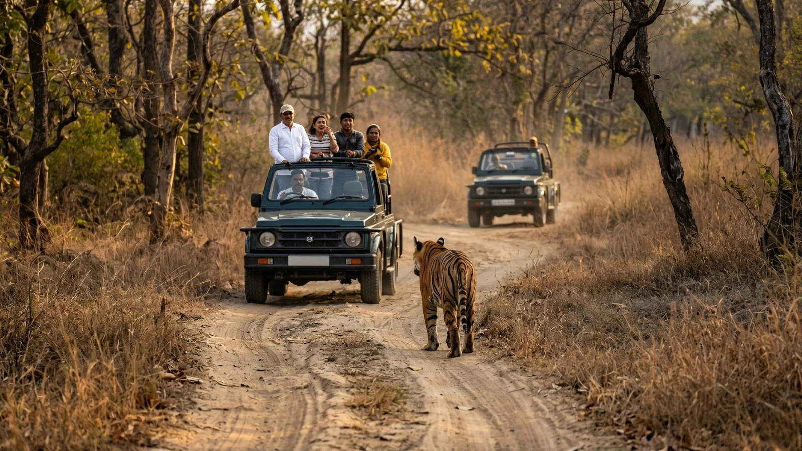 Tiger walking on a forest road as tourists watch from an open jeep during a wildlife safari.