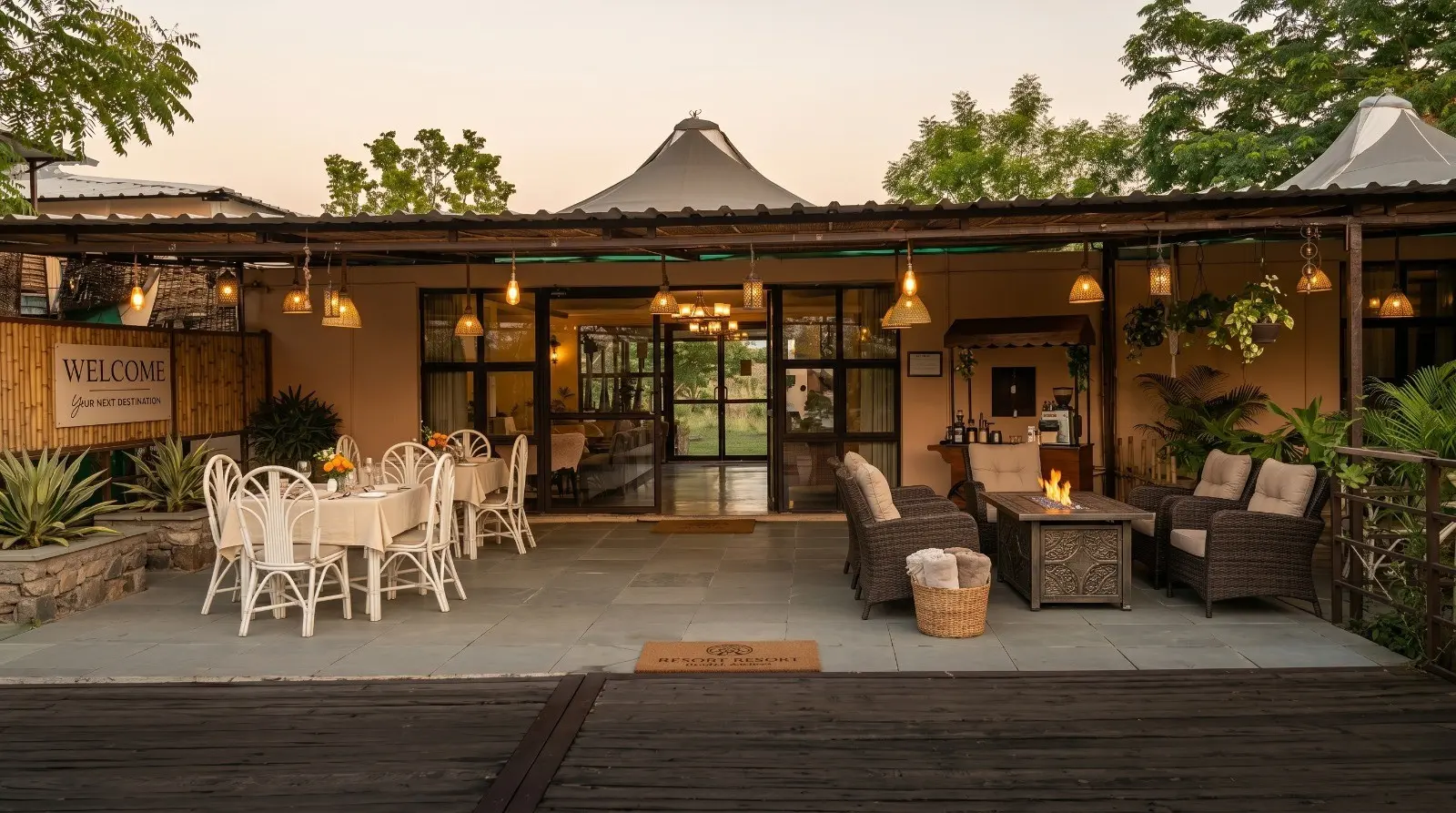 Wildlife Jungle Resort outdoor dining area with cozy seating and warm lighting surrounded by greenery