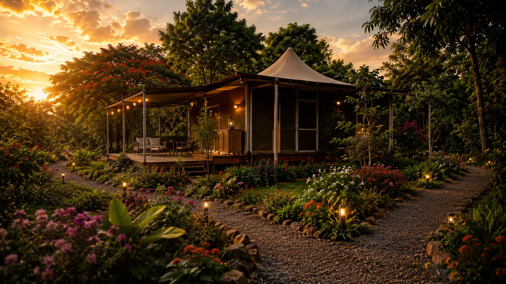 Safari booking online for luxury tent stay with landscaped gardens in the wilderness