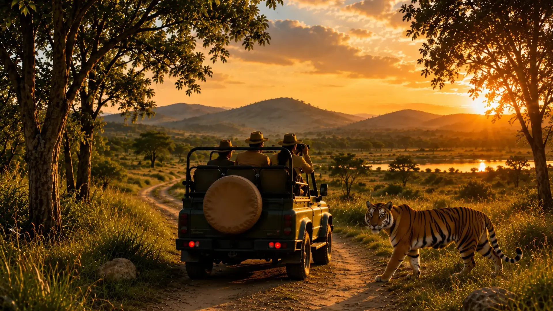 Tiger safari jeep driving through a scenic wildlife landscape at sunset with a Bengal tiger in Maharashtra forest reserve.