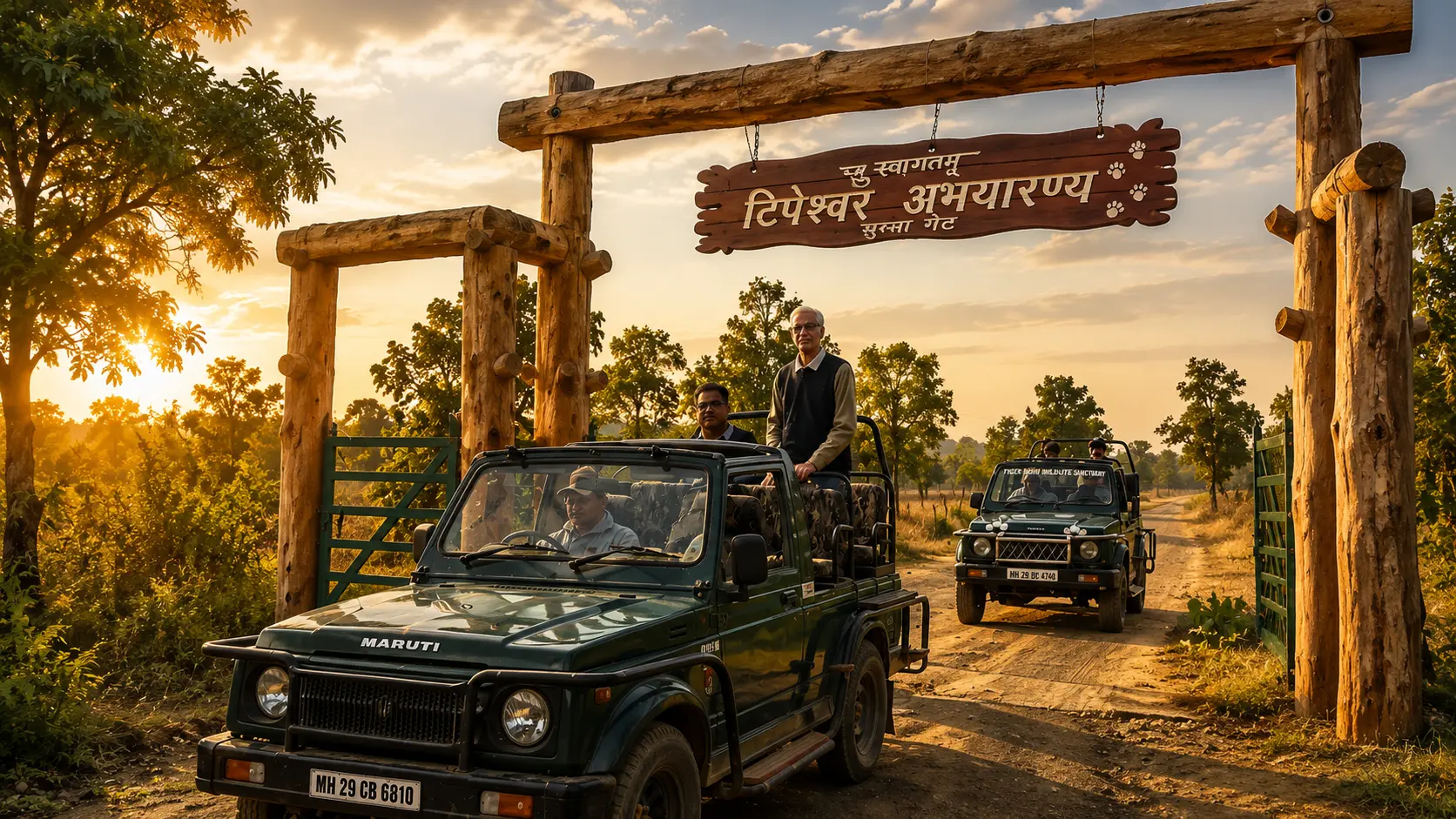 Jungle safari jeeps entering Tipeshwar Wildlife Sanctuary through a wooden entrance gate at sunset, surrounded by lush green forest.