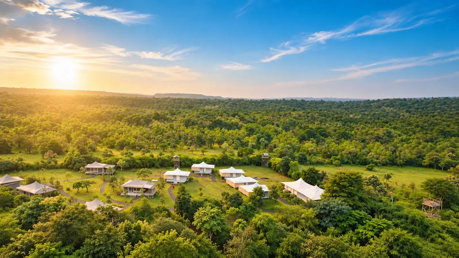Aerial view of Avani Tiger Resorts surrounded by lush green forest near Tipeshwar Tiger Reserve