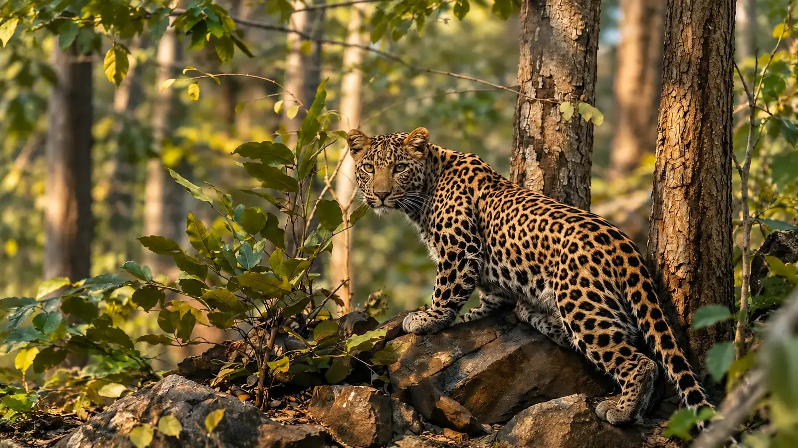 Leopard standing on a rock in the forest of Tipeshwar Wildlife Sanctuary