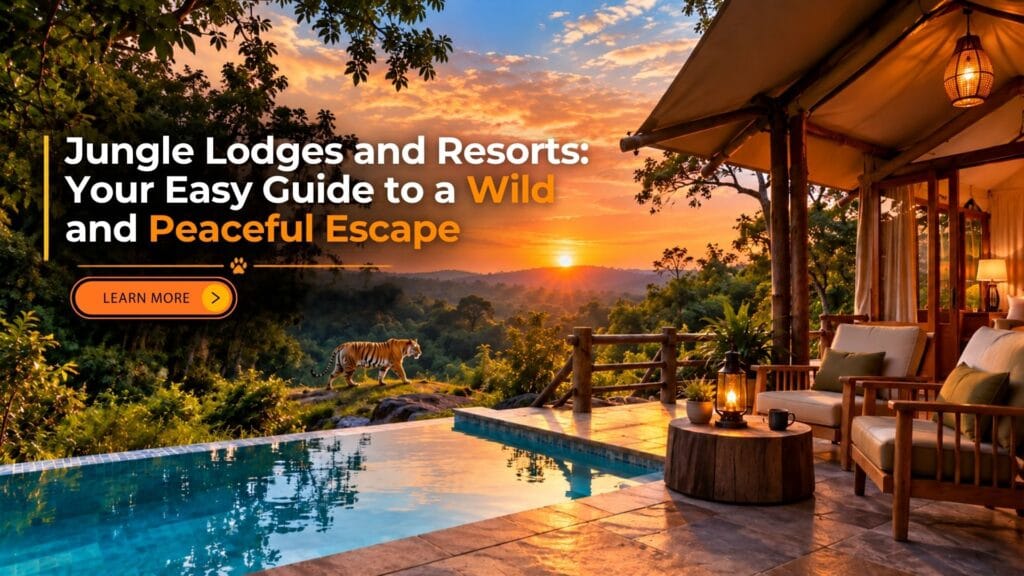 Avani Tiger Resort promotional banner featuring a Bengal tiger walking through a lush green forest at sunset, with golden sunlight, scenic hills, and an orange Avani Tiger Resort nameplate.