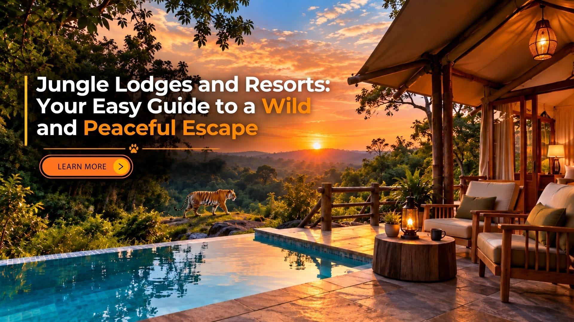 Avani Tiger Resort promotional banner featuring a Bengal tiger walking through a lush green forest at sunset, with golden sunlight, scenic hills, and an orange Avani Tiger Resort nameplate.