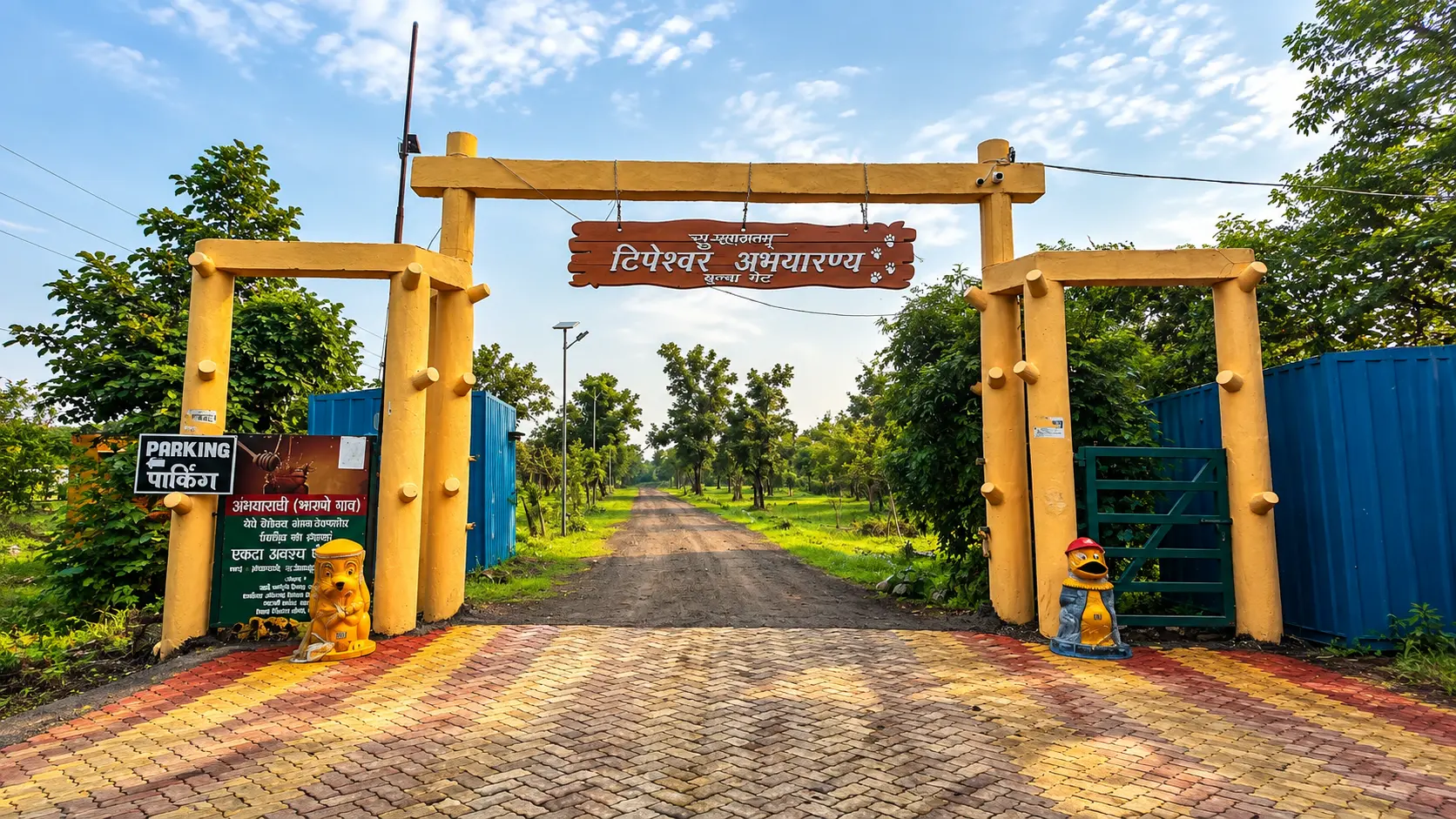 Main entrance gate of Tipeshwar Wildlife Sanctuary featuring rustic yellow pillars, a welcome sign, open green gates and a forest road.